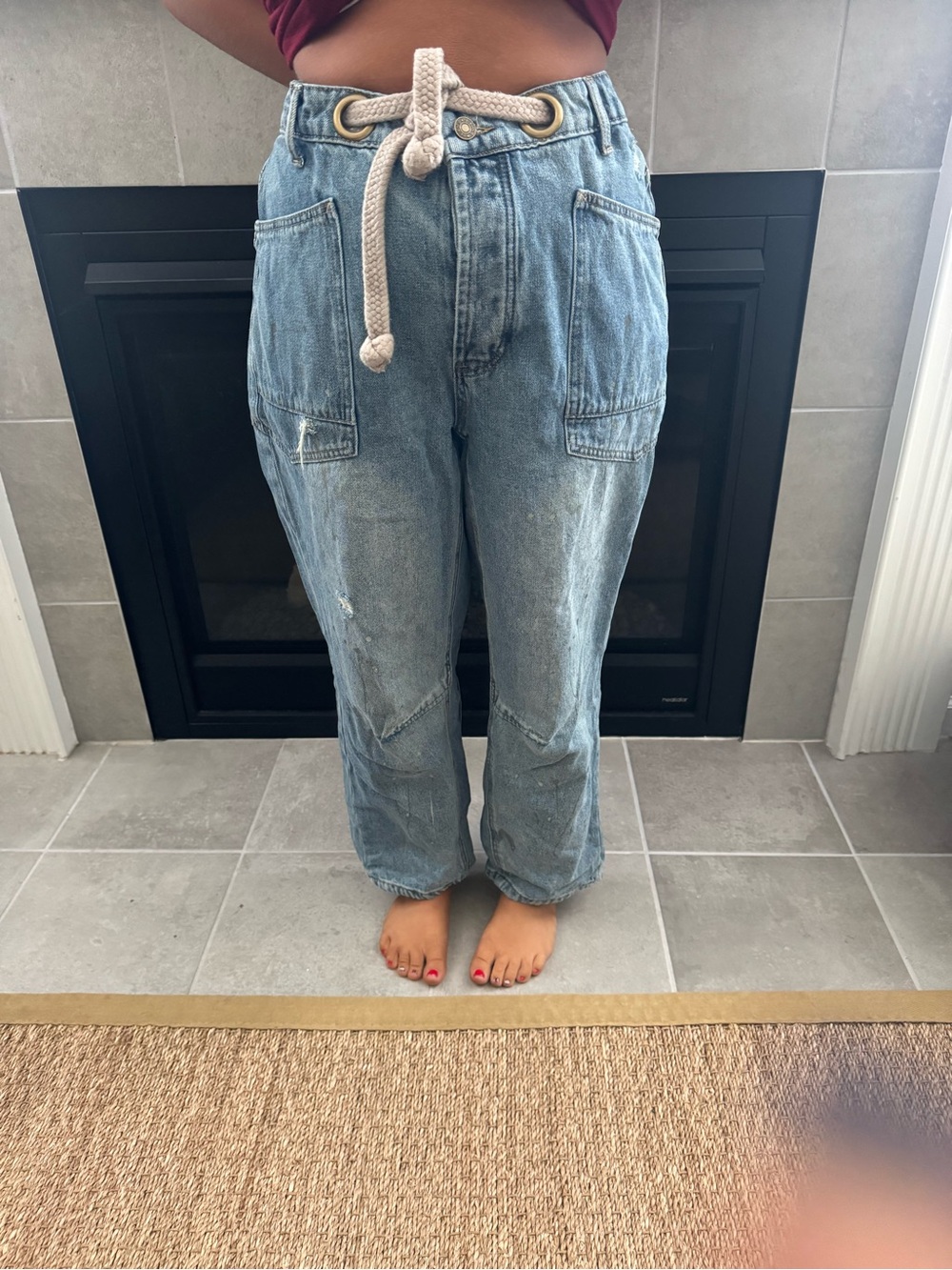 BiBi Light Blue Rope-Waist Boyfriend Jeans